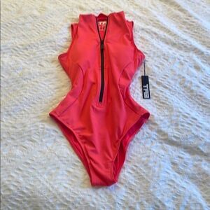 Pink One Piece Swimsuit with High-Cut Leg and V-Neckline